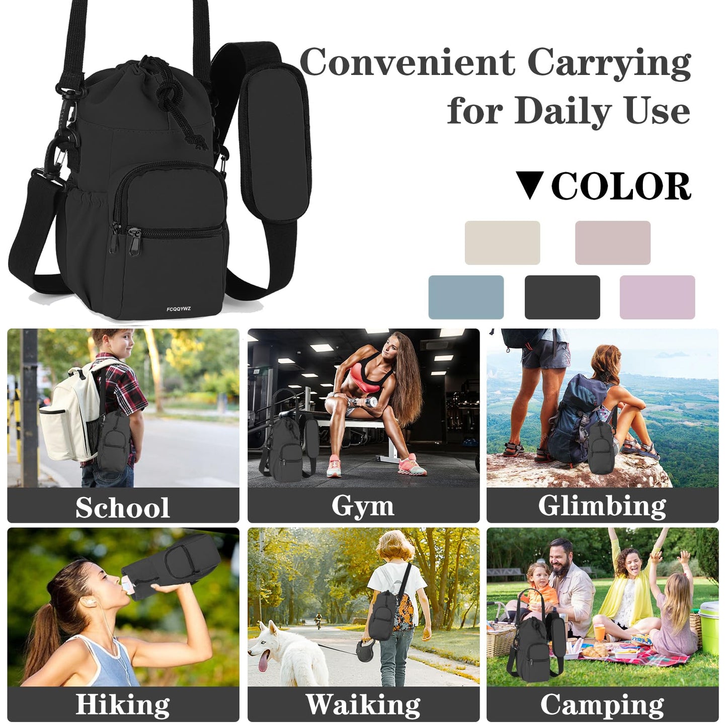 FCQQYWZ Half Gallon Water Bottle Sling Bag Case,64/87oz Insulated Crossbody Water Bottle Pouch Holder Sleeve for Walking with Strap and Pockets for Men/Women Walking Hiking Camping Travel (Balck)