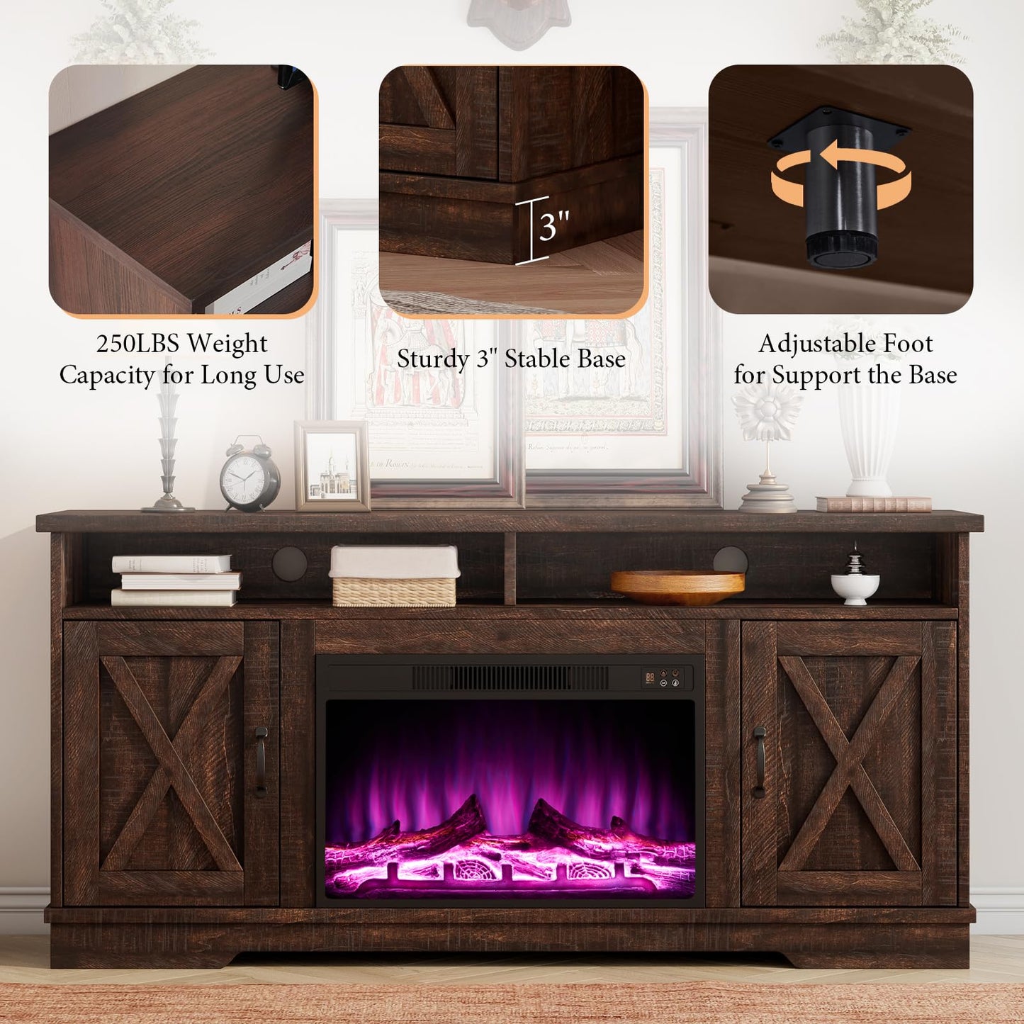AMERLIFE 63" Farmhouse TV Stand with 26" Fireplace, for TVs up to 73", Media Entertainment Center with Adjustable Shelf & Barn Doors, Rustic TV Console Cabinet for Living Room, Reclaimed Barnwood
