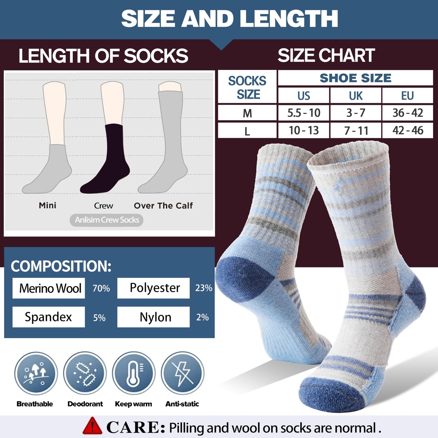 Anlisim Merino Wool Hiking Socks for Women Thermal Winter Warm Thick Work Cushion Gifts Socks 5 Pairs Stocking Stuffers(Colorful,M)