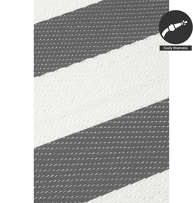 FH Home Outdoor Rug - Waterproof, Fade Resistant, Reversible - Premium Recycled Plastic - Striped - Large Patio, Deck, Sunroom, RV, Camping - Brittany Stripe - Gray & White - 9 x 12 ft Foldable