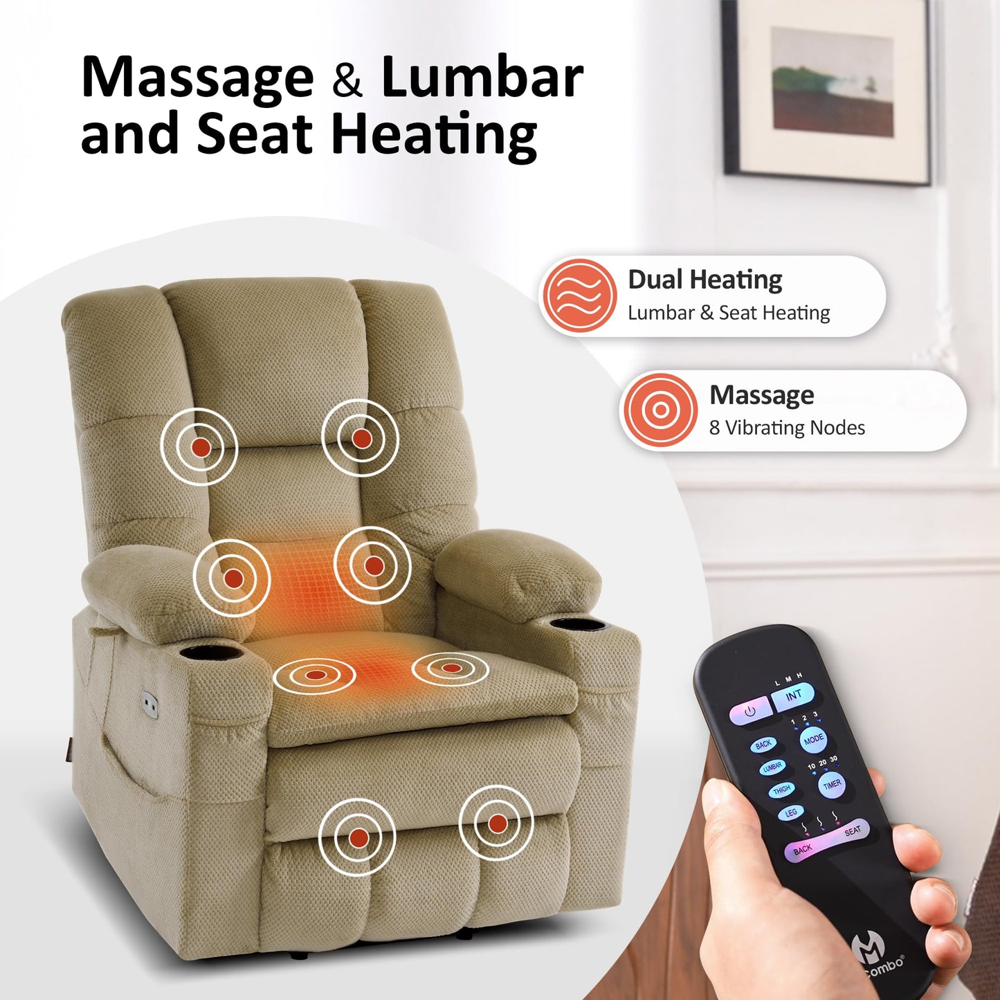 MCombo Large Triple Motor Power Lift Recliner Chair with Massage and Dual Heating, Adjustable Headrest for Tall Elderly People, Fabric 7634 (Beige, Large)