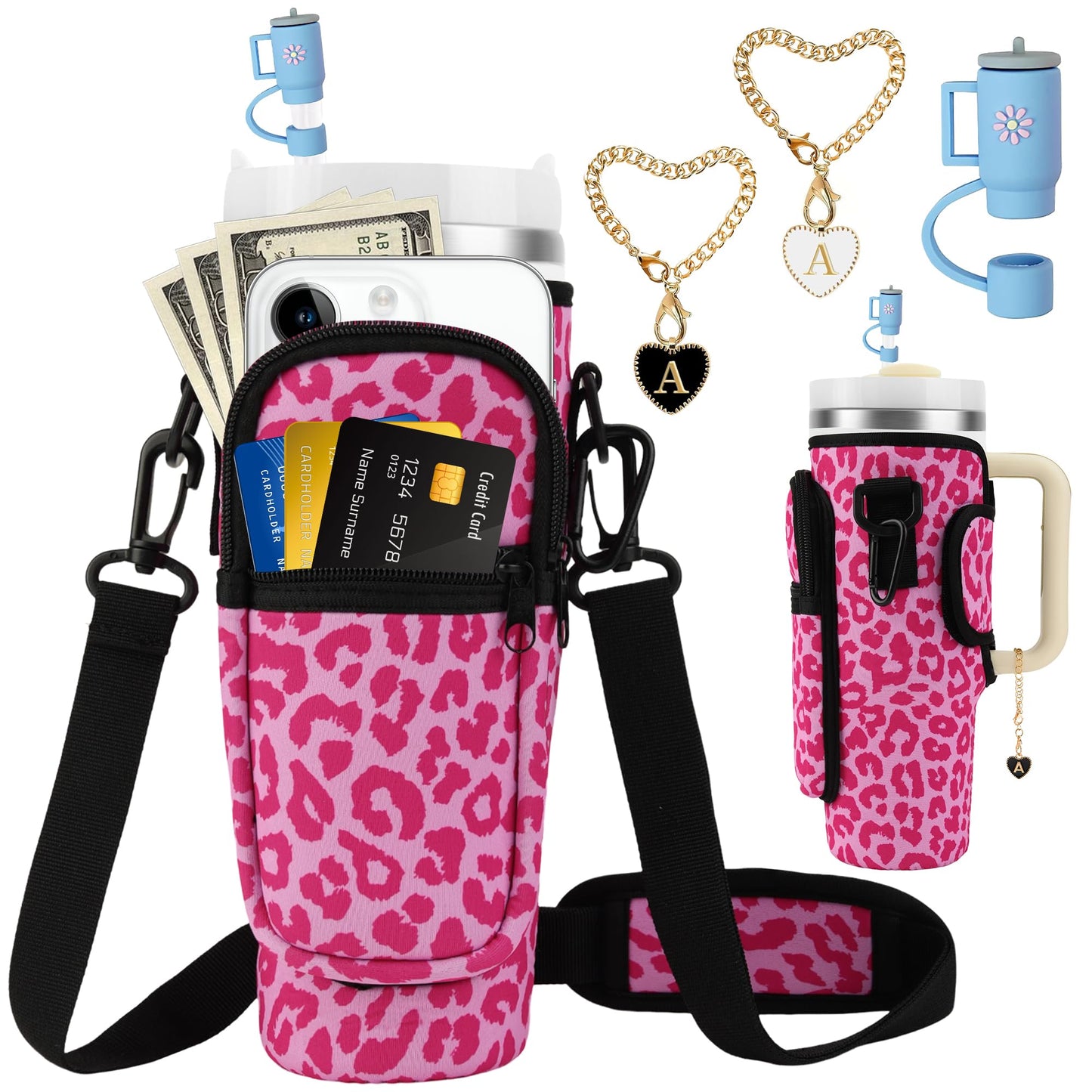 Water Bottle Carrier Bag with Strap for Stanley Cup 40oz Tumbler with Phone Pocket, Keychain Accessories for Stanley Cup Handle, Women Personalized Accessories for Stanley Cup