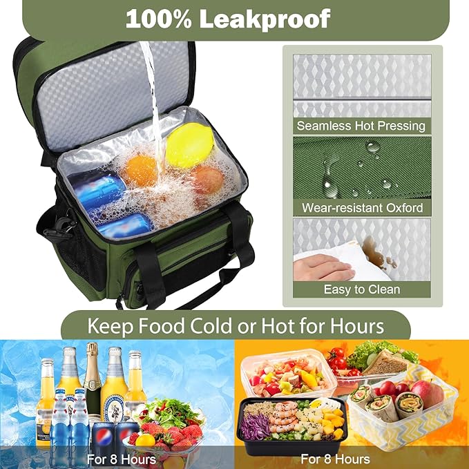 Double Deck Insulated Lunch Box, Expandable XLarge Lunch Bag Leakproof Cooler Bag Lunch Pail for Men Women Adults Work Shifts Travel Daytrip,22L,Army Green
