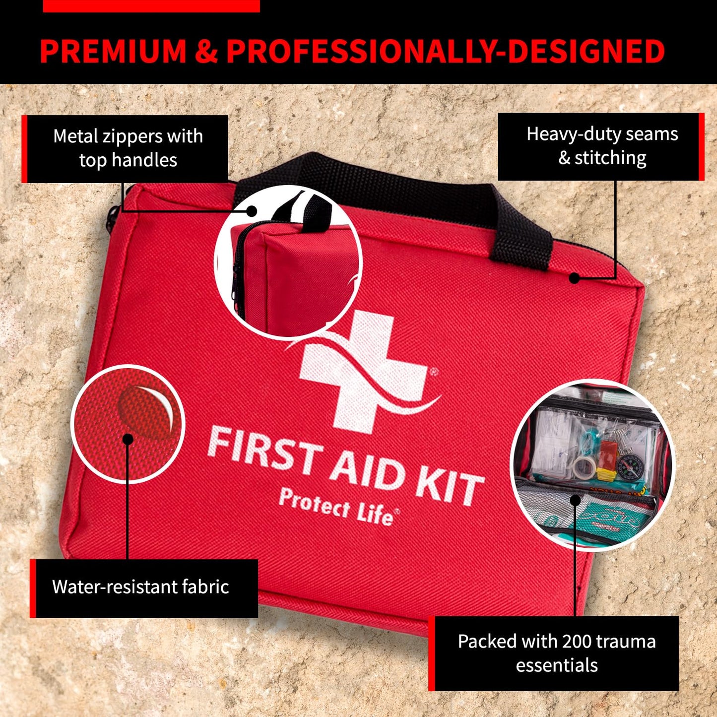 Protect Life First Aid Kit for Home/Business, HSA/FSA Eligible Emergency Kit - Medical First Aid Kit - Camping First Aid Kit Hiking - 200pcs