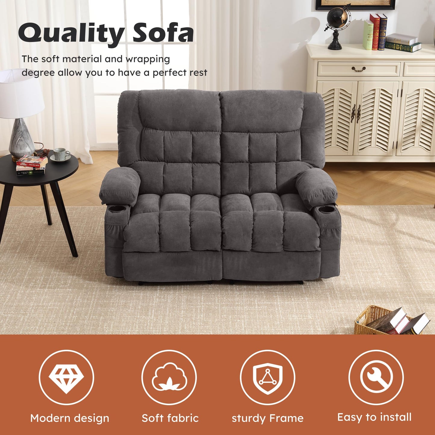 BOSMILLER Reclining Loveseat with Cup Holders for Living Room 2 Seat Manual Loveseat Recliner with Side Pocket