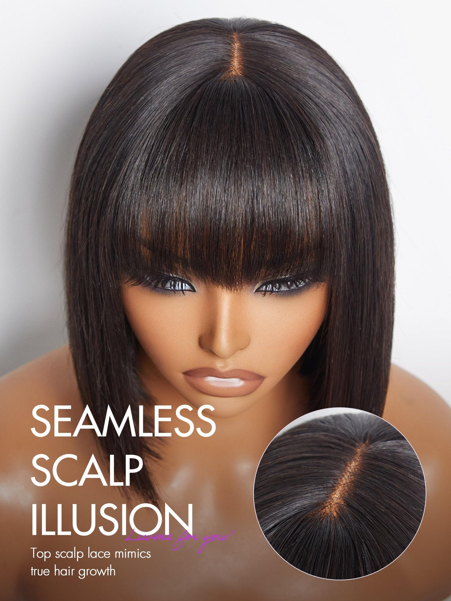 LUVME HAIR 10 Inch Silky Straight Bob Wig with Bangs Human Hair Realistic HD Lace Short Black Bob Wigs, Ready to Go Blunt Cut Bob Wig Glueless 180 Density