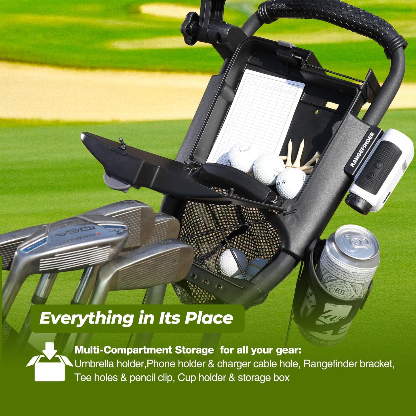 Tedycatt 3 Wheel Golf Push Cart: Lightweight Golf Walking Cart, Compact Folding Golf Trolley, with Phone Holder, Brake, Cup, Umbrella Holder, Cooler, Gray