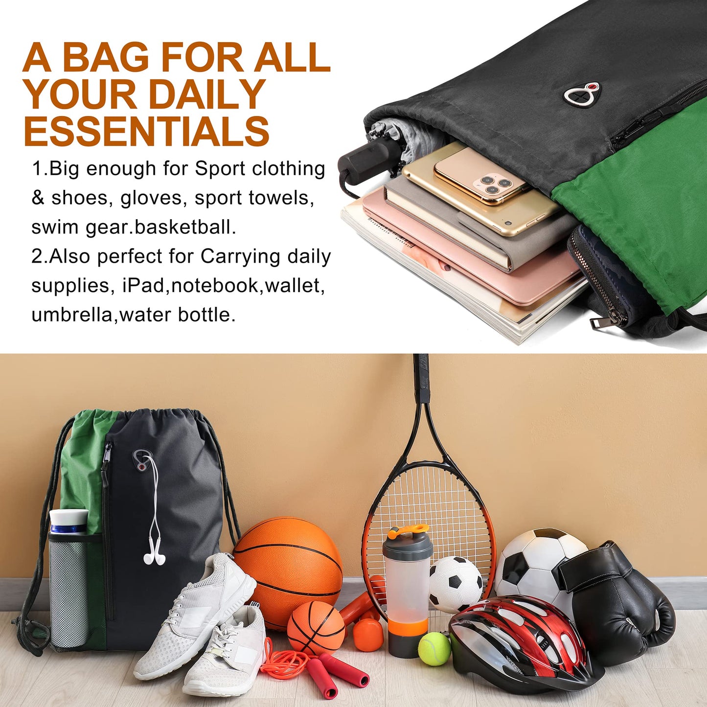 BeeGreen Green Drawstring Bag Sports Gym Backpack for Women Men Large Cinch Sackpack Day Pack with Zipper and Water Bottle Mesh Pockets (Black/Green)