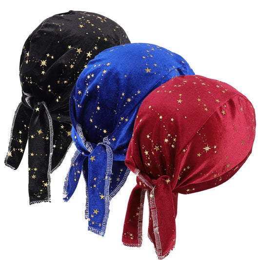 DOCILA Do Rags Skull Cap for Women Bronzing Golden Star Velvet Motorcycle Head Wrap Warm Fall Winter Biker Head Bandana Cycling Beanie Black Red Blue 3 Pcs