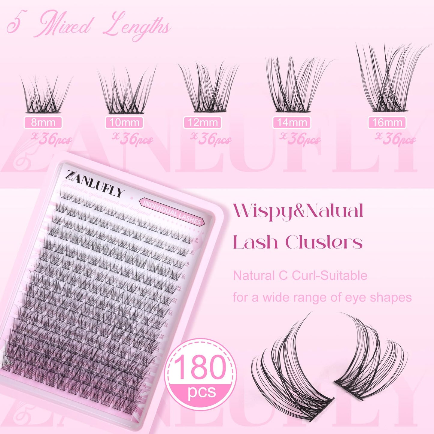 Lash CLusters Wispy Eyelash Clusters Natural Lash Extensions C Curl zanlufly Individual Lashes DIY Eyelash Extensions at Home Mix Length Cluster Lashes (180Pcs,8-16MM)