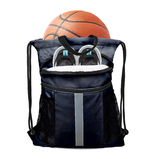 BeeGreen Navy Blue Drawstring Backpack Bag with Shoe Compartment X-Large Gym Sports String Cinch Sackpack with Front Inside Zipper Pockets 75D