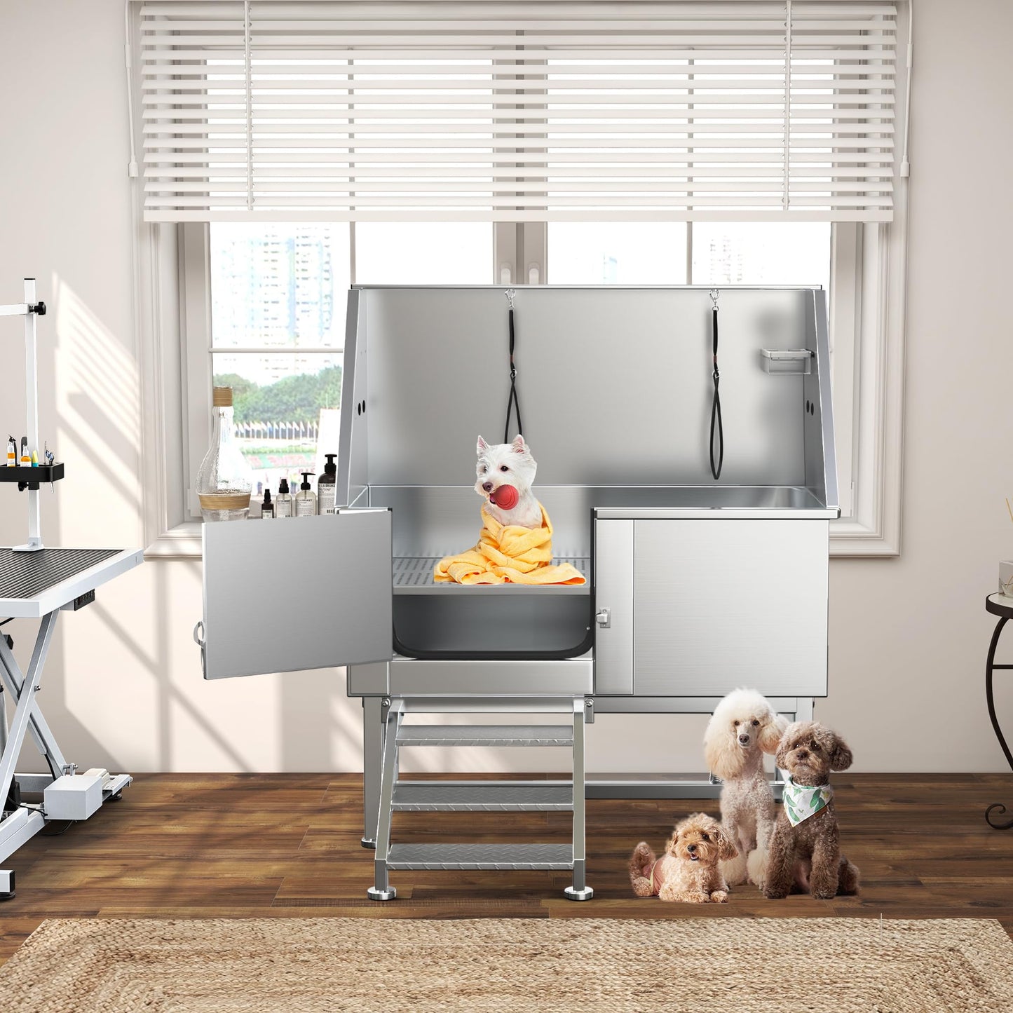 YITAHOME Dog Bathing Station, Professional Stainless Steel 304 Dog Grooming Bathtub w/Left Stairs, Faucet, Floor Grate, 50in Pet Washing Station for Large, Medium, Small Pets