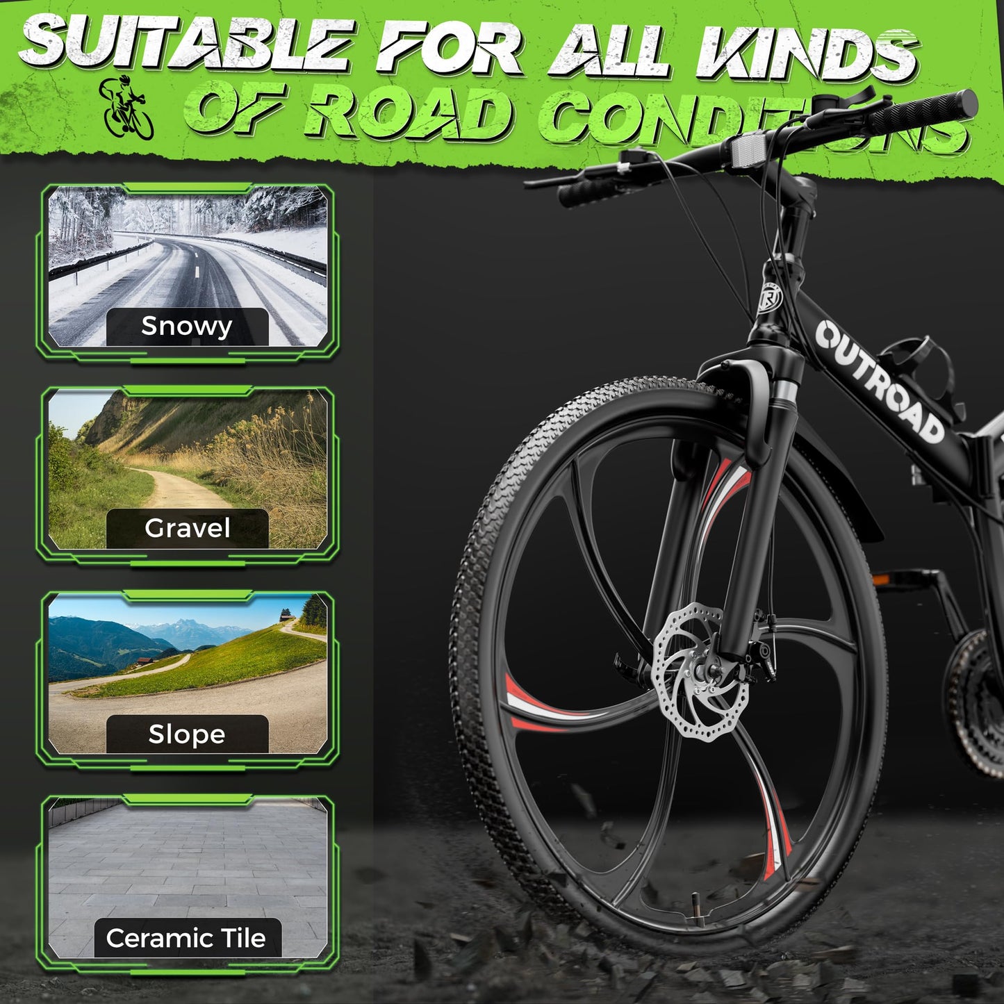 Outroad 26 Inch Folding Mountain Bike, 21 Speed Dual Disc Brake Non-Slip Folding Bikes, Full Suspension High-Carbon Steel MTB Foldable Bicycle for Adults/Men/Women, Black
