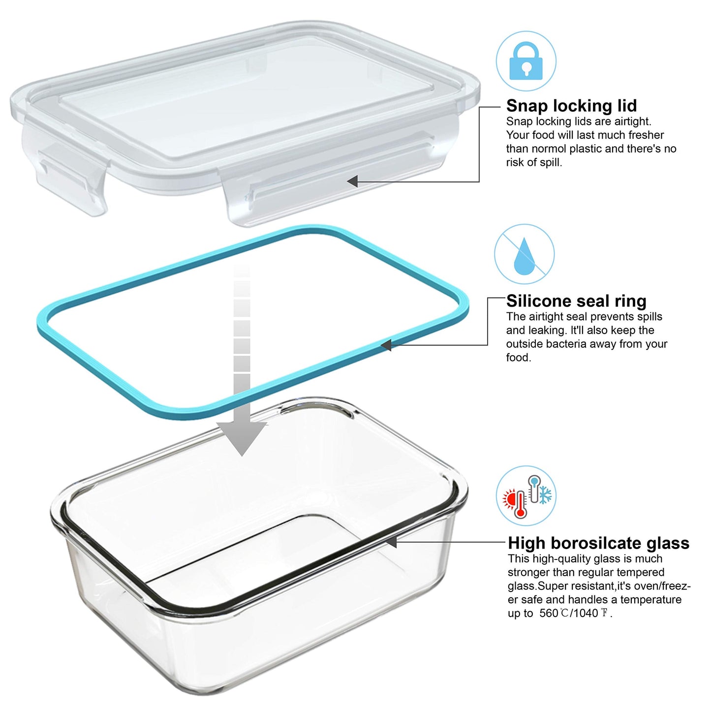 AILTEC Glass Food Storage Containers with Lids, [18 Piece] Glass Meal Prep Containers, Containers for Food Storage with Lids, BPA Free & Leak Proof (9 Lid & 9 Container)