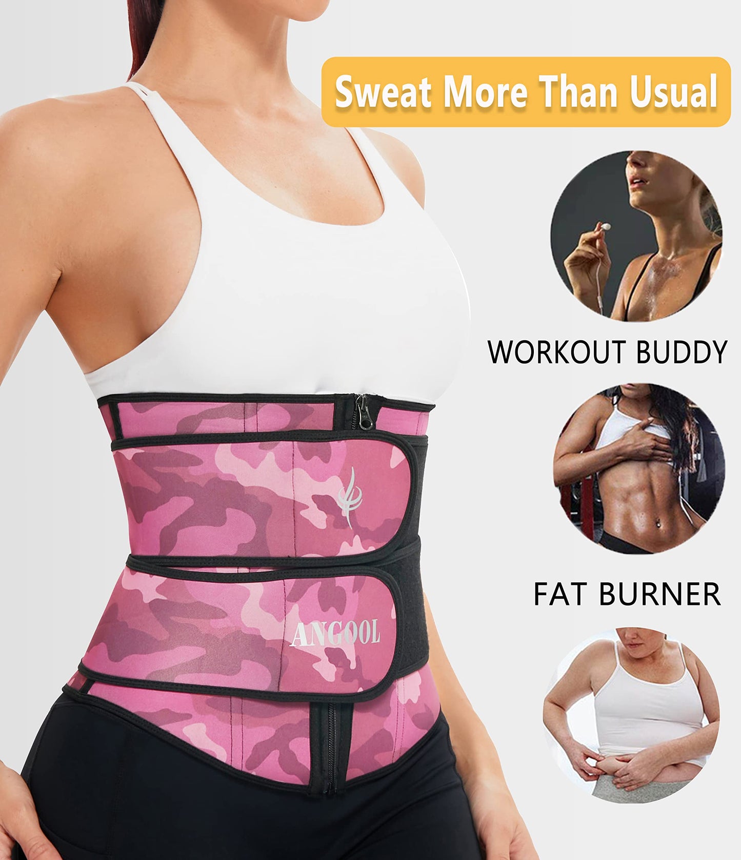 ANGOOL Neopren Waist Trainer For Women,Workout Plus Size Trimmer Belt Sauna Sweat Corset Cincher With Zipper S Pink Camo