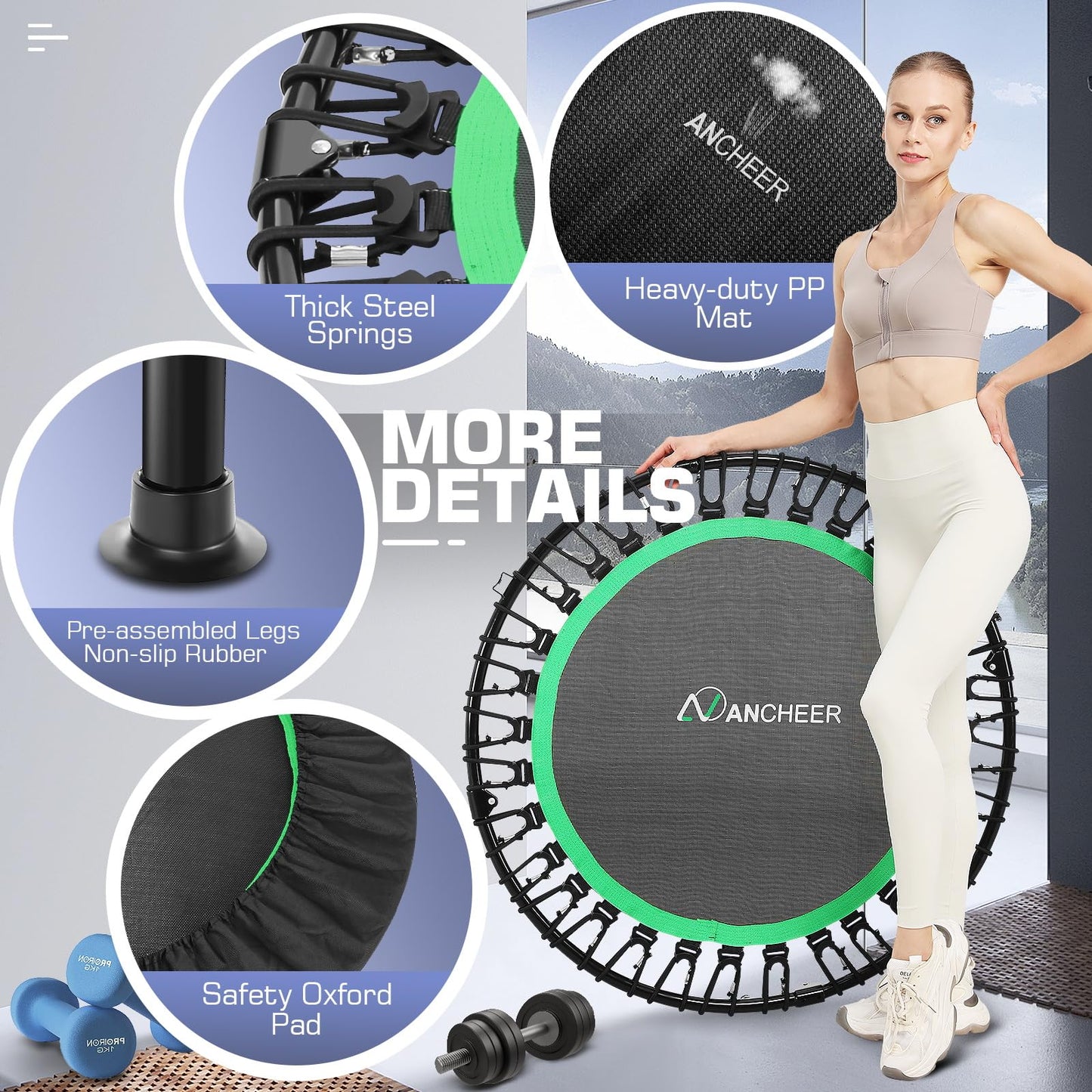 ANCHEER 40" Foldable Mini Trampoline - Max Load 350lbs - 450lbs Indoor Trampoline - with 4 Level Adjustable Foam Handle and Resistance Bands - Adult Exercise Trampoline for Home, Gym and Garden