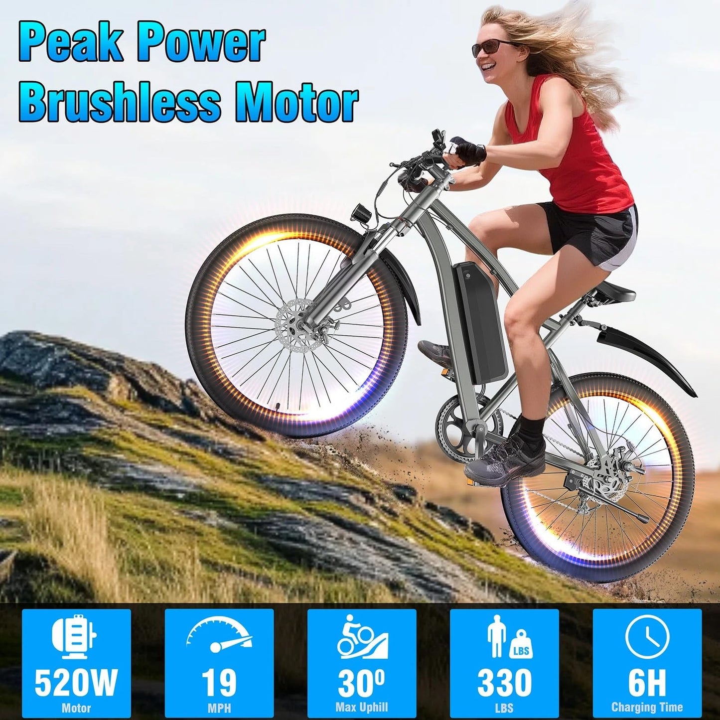 Electric Bike for Adults，Peak 520W Motor Electric Mountain Bike，26" Electric Bike 40Miles 20MPH, 36V Removable Battery with 7-Speed, LCD Display, Dual Disc Brakes & Front Fork Suspension (Grey)