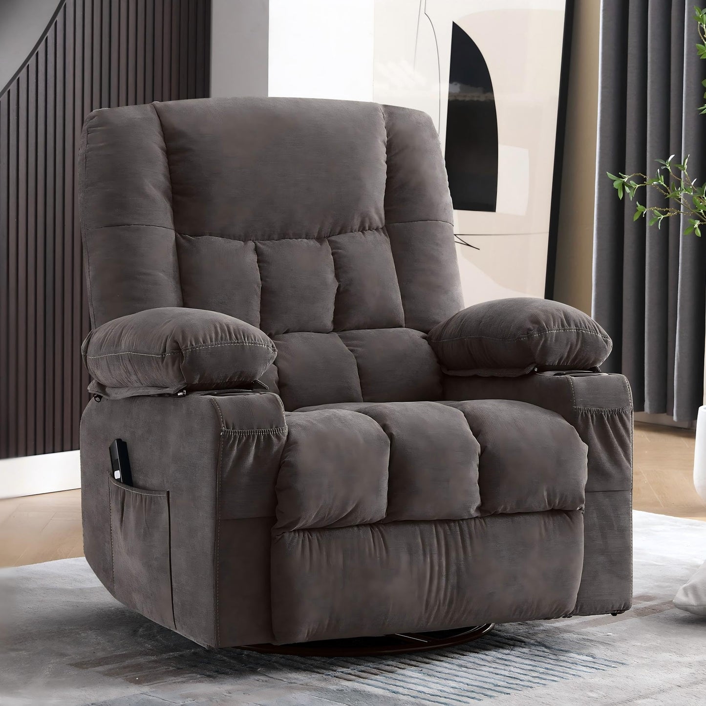 Power Swivel Recliner Chair with Rocking Function for Living Room, Oversized Rocker Recliner Single Sofa with Ergonomic, Side Pocket, Two Cup Holders and USB Charge Port for Adults