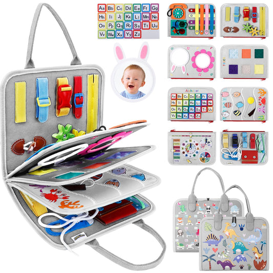 JHkim Busy Board Montessori Toys for Aged 1 2 3 4 Boy & Girl Birthday Gifts, Autism Sensory Travel Toys for Toddlers, Educational Activity Sensory Board Preschool Learning Fine Motor Skills Toys, Gray