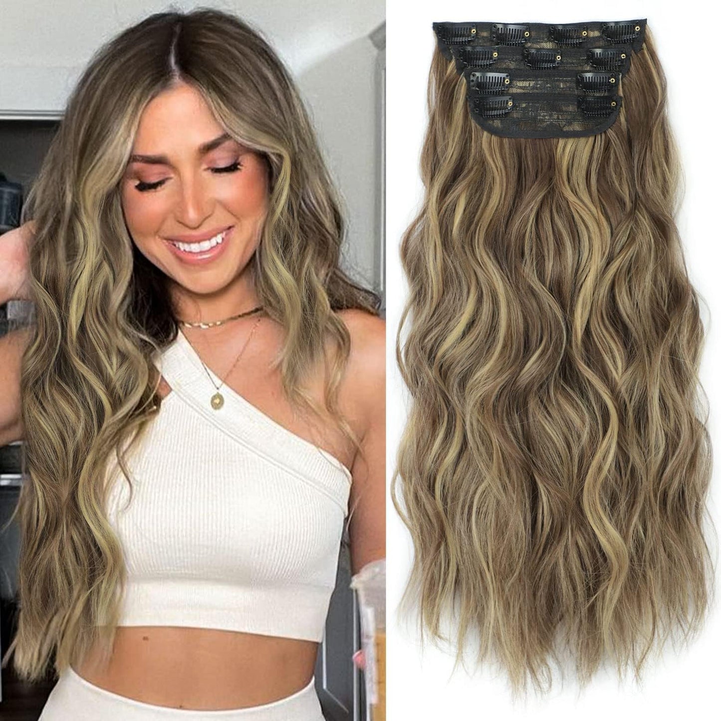 ALXNAN Clip in Long Wavy Synthetic Hair Extension 4PCS Thick Hairpieces Fiber Double Weft Hair for Women … (20 Inch, Mixed Brown & Blonde)