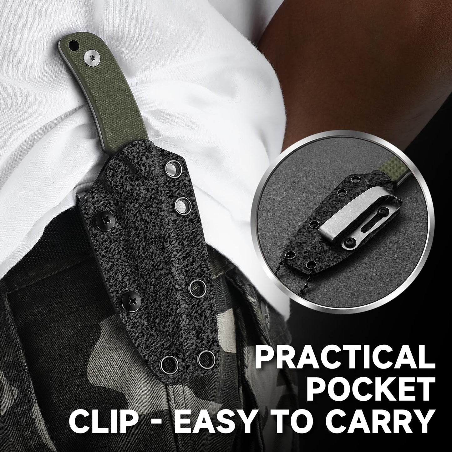 Omesio Tanto Neck Knife, Small Fixed Blade Knife with Kydex Sheath and Clip, Full Tang 6" Neck Knife with Sheath and Necklace, Mini Tactical EDC Knife D2 Steel G10 Handle(Black Steel+ Green Handle)