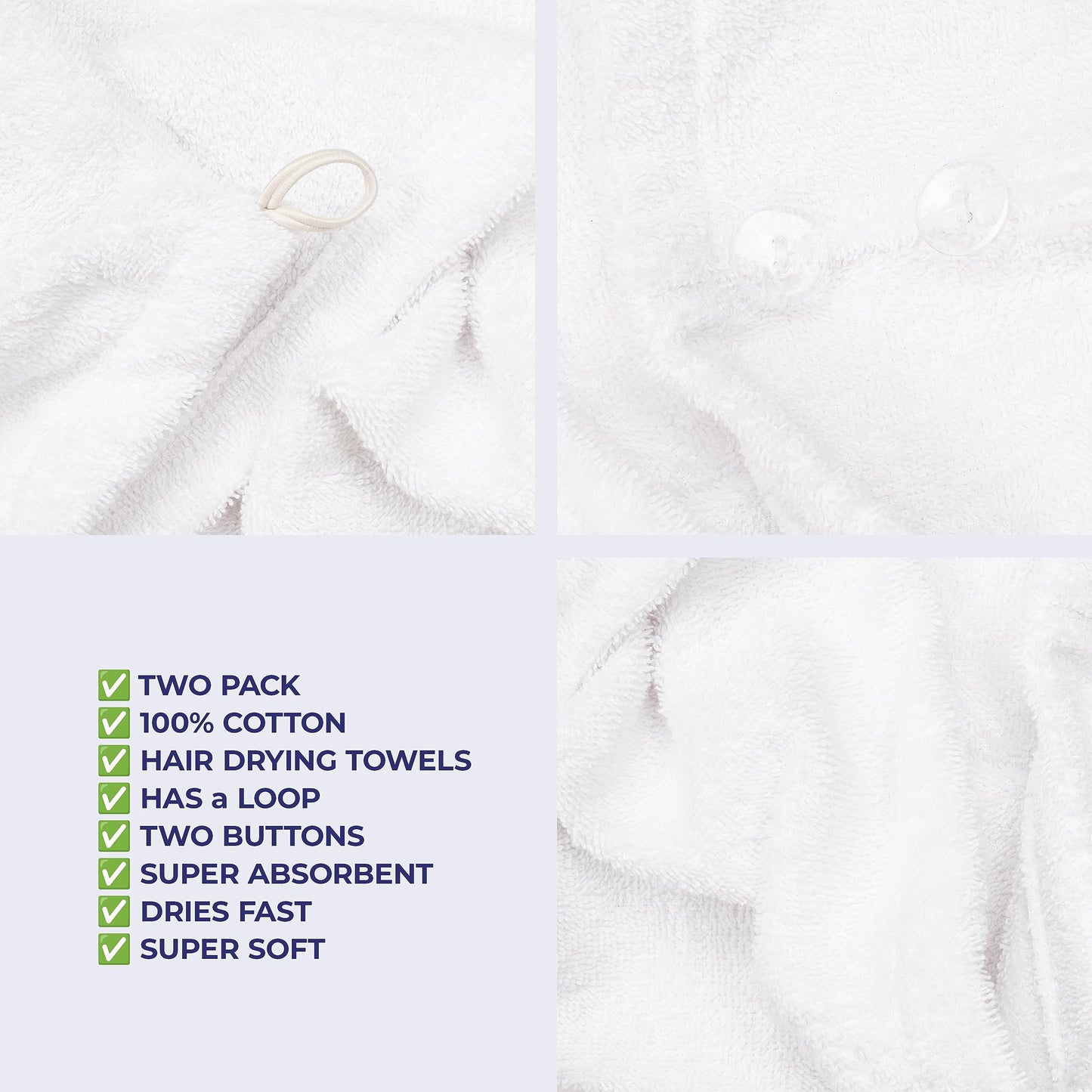 American Soft Linen 100% Cotton Hair Towels for Women, Head Towel Cap, Cotton Hair Turban Towel Wrap for Long Curly Anti Frizz Hair, Soft and Absorbent Cotton Hair Towels 2 Pack, White