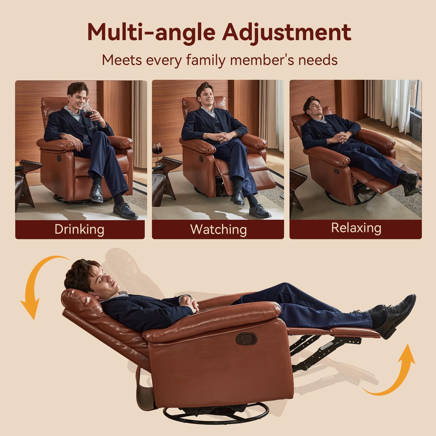 Rocking Recliner with 360° Swivel, Stress Relief Rocker Glider Reclining with Lumbar Support, Adjustable Backrest and Footrest for Nursery Living Room Bedroom Small Spcaes, Faux Leather (Mocha)