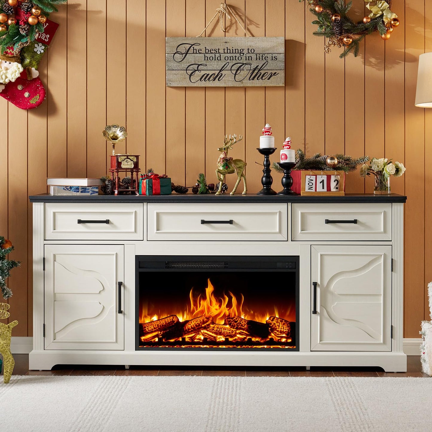 AMERLIFE 70" Farmhouse Fireplace TV Stand, Entertainment Center Table with 30'' Electric Fireplace, TV Console with Storage Cabinet Drawer for TVs Up to 80", Distressed White