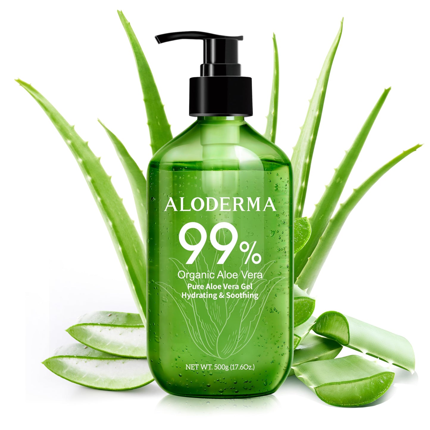Aloderma 99% Organic Pure Aloe Vera Gel Made within 12 Hours of Harvest, Large 17.6oz Pump Bottle, Lightweight Non-Sticky Aloe Gel for Sunburn Relief, Natural, Soothing Aloe Vera for Face & Hair