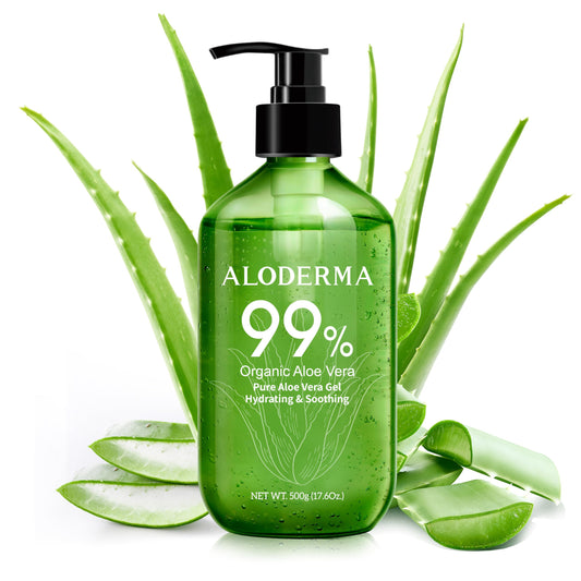 Aloderma 99% Organic Pure Aloe Vera Gel Made within 12 Hours of Harvest, Large 17.6oz Pump Bottle, Lightweight Non-Sticky Aloe Gel for Sunburn Relief, Natural, Soothing Aloe Vera for Face & Hair