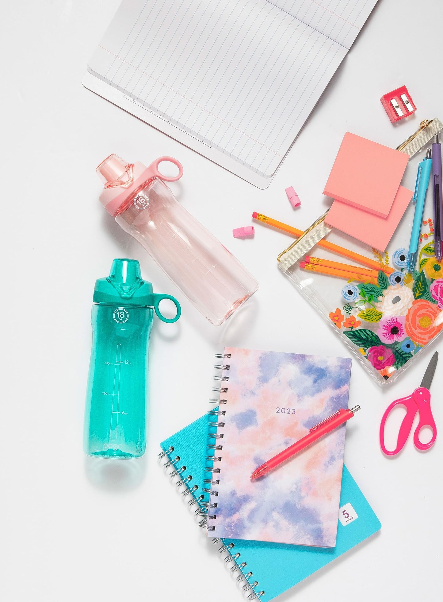 Pogo 18oz Plastic Water Bottle with Chug Lid and Carry Handle, BPA Free, Dishwasher Safe,Perfect for Travel, School, Outdoors, and Gym, 2 Pack, Aquaviva/Pink Satin