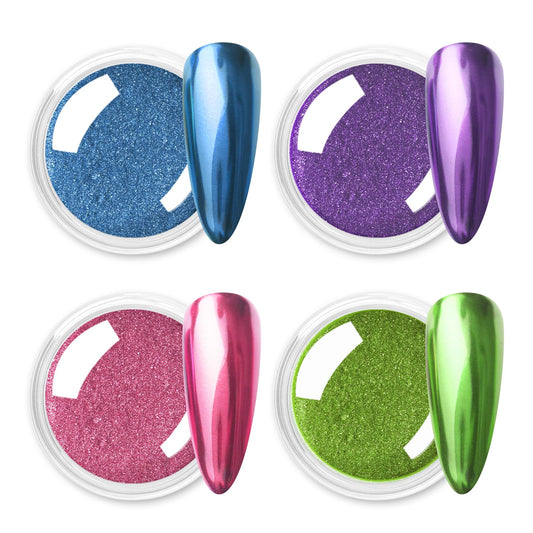Allstarry Chrome Nail Powder 4 Colors Metallic Mirror Effect Chrome Powder Pigment Manicure Magic Glitter Dust Kit for Gel Polish Nail Art Decoration with 4 Eyeshadow Sticks- Purple Blue Series