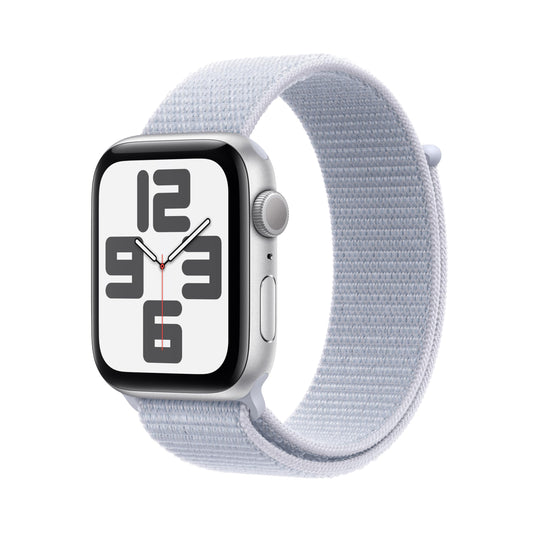 Apple Watch SE (2nd Gen) [GPS 44mm] Smartwatch with Silver Aluminum Case with Winter Blue Sport Loop. Fitness & Sleep Tracker, Crash Detection, Heart Rate Monitor, Carbon Neutral