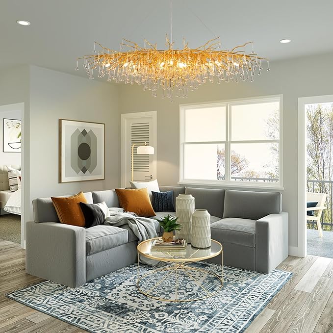 Crystal Branch Chandelier,47.24 Inch Modern Raindrop Chandeliers for Dining Room,Luxury Large Gold Ceiling Chandelier Pendant Hanging Lighting Fixture for Living Room,Entryway