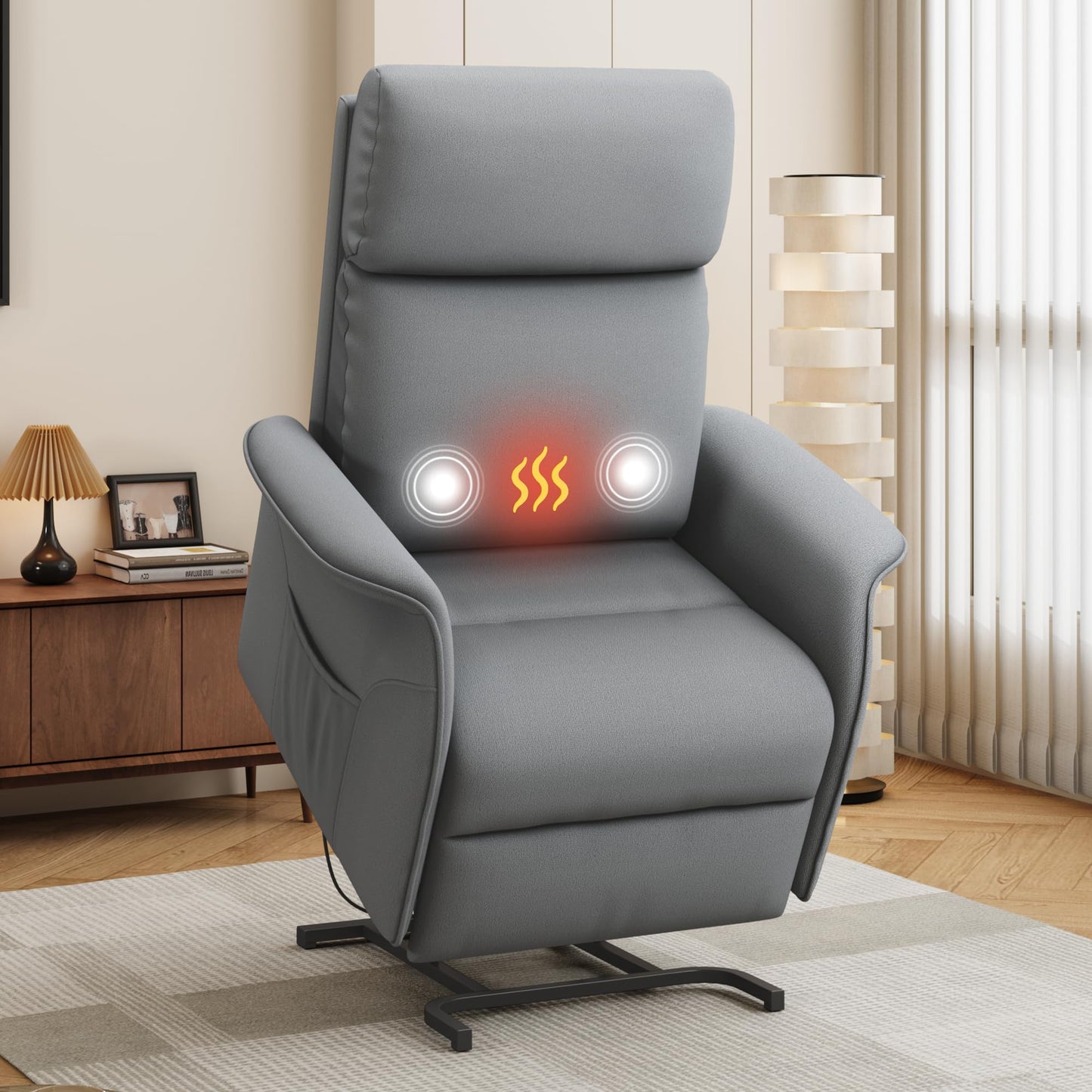 OKUP Power Lift Recliner Chair with Massage and Heat for Petite Elderly, Small Lift Chair with Side Pocket Remote Control, Infinite Position, Fabric, Dark Grey