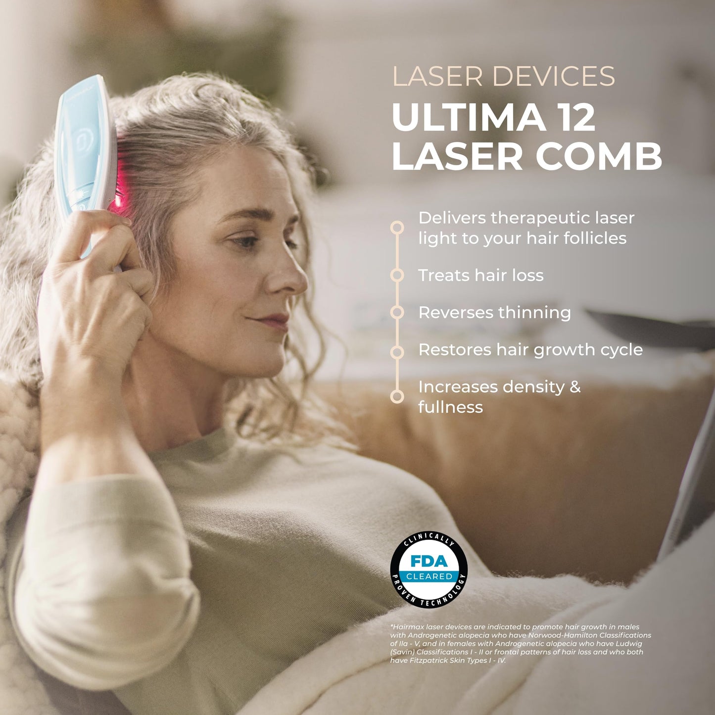 Hairmax Ultima 12 LaserComb - (FDA Cleared) Laser Hair Regrowth Treatment Device for Men & Women - Reverses Thinning Hair Loss - Red Light Therapy to Stimulate Hair Growth - Cordless Design