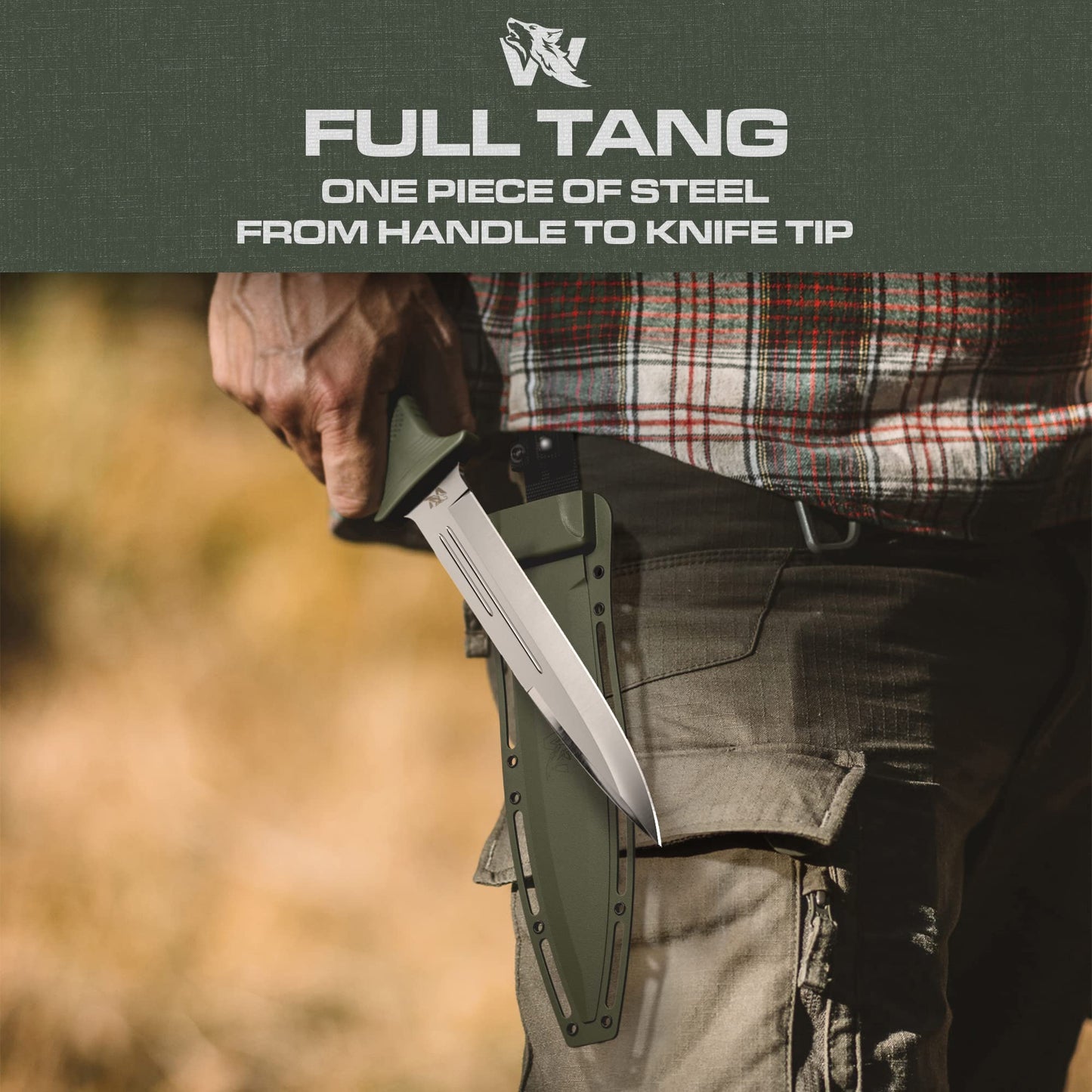 ODENWOLF W-Catcher Fixed Blade Knife with Sheath - Large Hunting Knife made of D2 steel - Big Fixed Blade Double Edge Knife with Non-Slip TPE Handle - Full Tang Survival Knife for Outdoor Activities