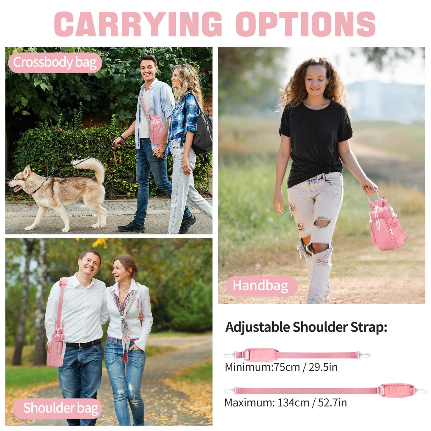 ECEEN Water Bottle Holder with Strap, Water Bottle Carrier Bag for Stanley 32oz/40 oz with Handle, Insulated Water Bottle Sling Bag for Walking with Phone Pouch, Water Bottle Purse Accessories (Pink)