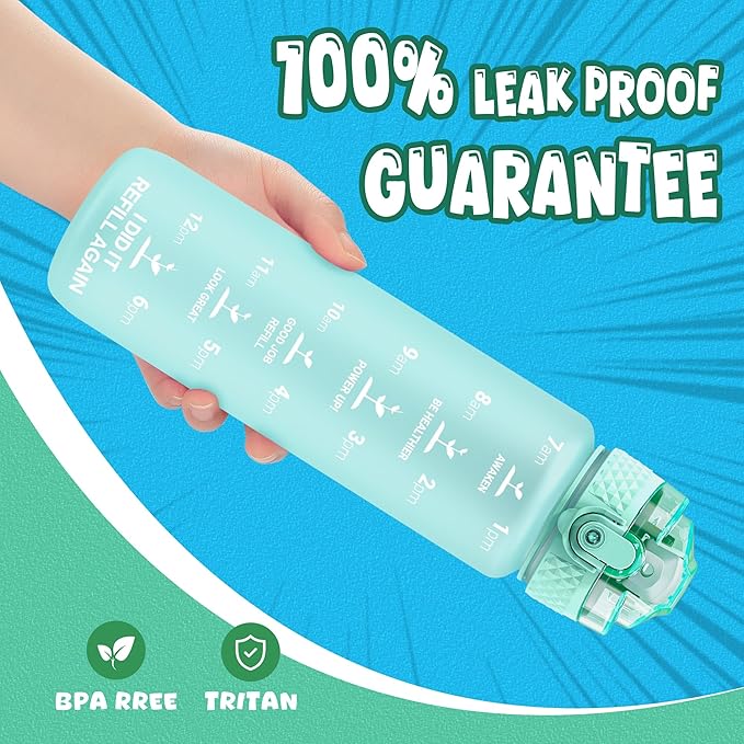 Oldley Kids Water Bottle for School, 17 oz (Straw Lid) BPA-Free Reusable Leak-proof Durable Tritan Plastic Water Bottles with One-handed Opening Straw Lids, Anti-dust Spout Cover (Mint Green)