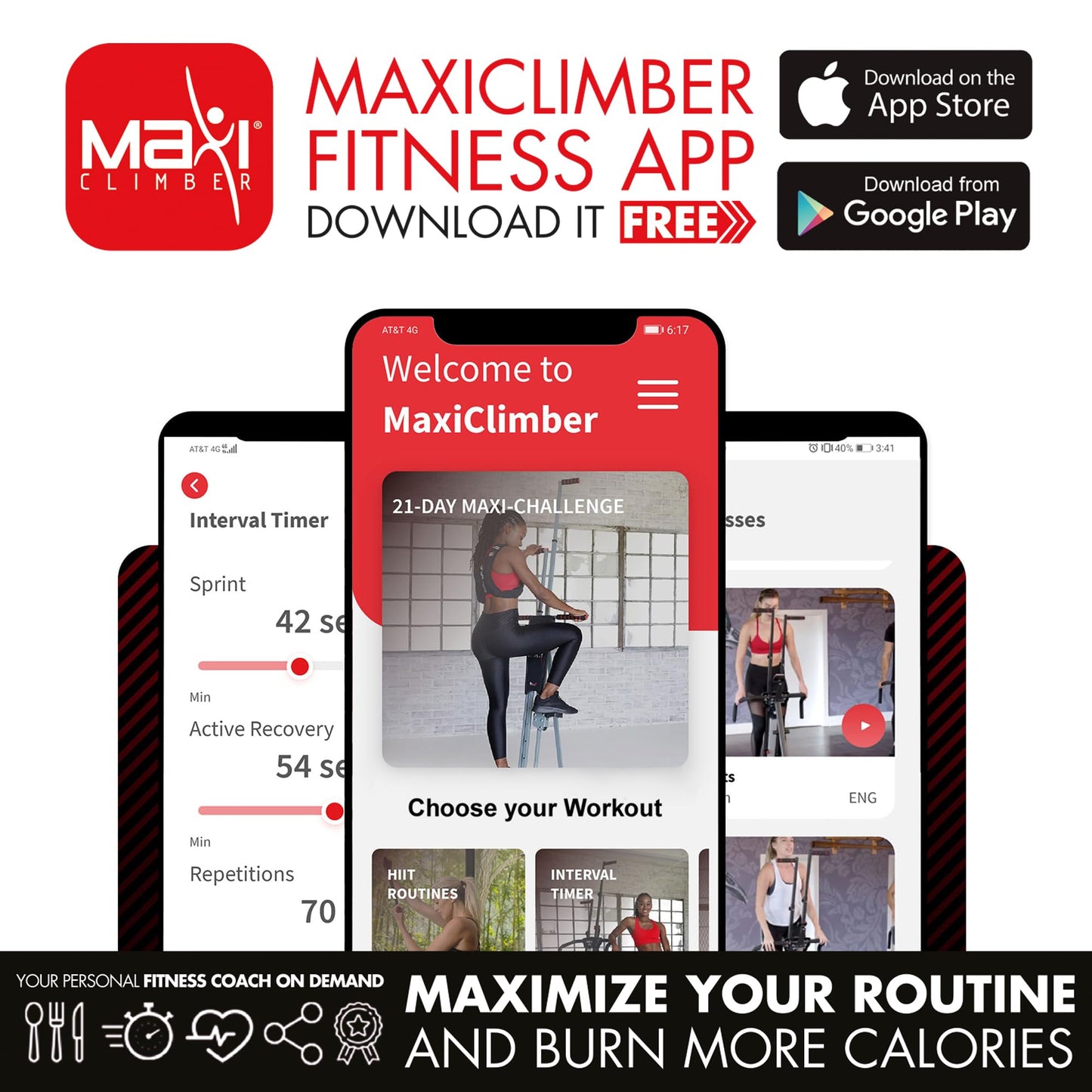 MaxiClimber Vertical Climber Provides an Adjustable Platform to Target Power, Strength and Endurance Training for a Full-Body Workout. Free Fitness App and ERS Resistance