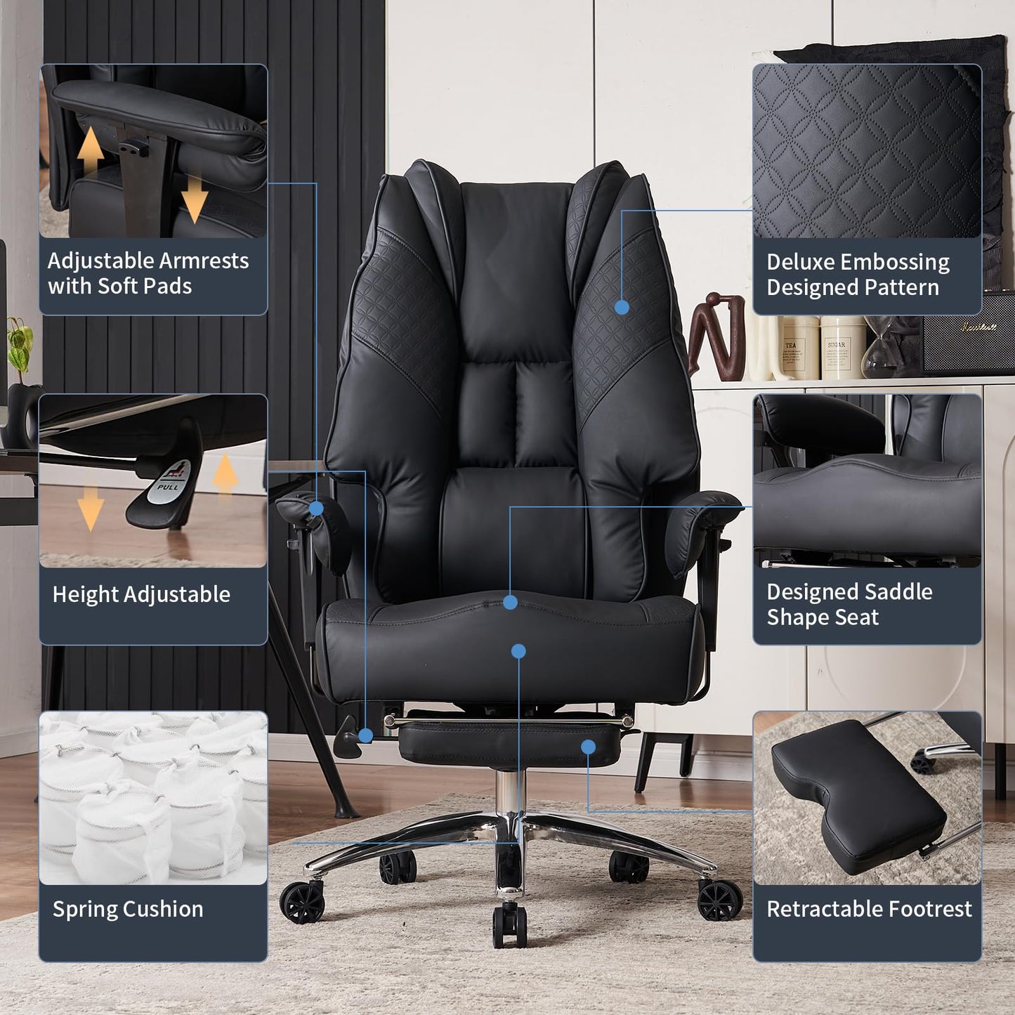 EXCEBET Big and Tall Office Chair 400lbs Wide Seat, Leather High Back Executive Office Chair with Foot Rest, Ergonomic Chairs Lumbar Support for Lower Back Pain Relief (Black)
