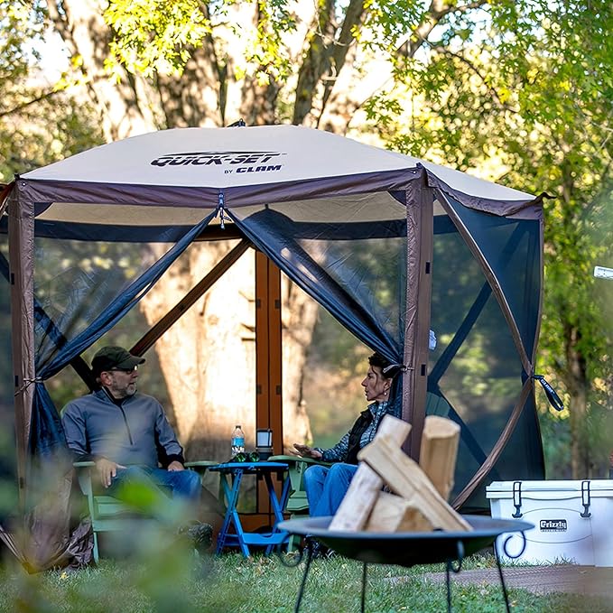 CLAM Pop Up Screen Tent, Outdoor Camping Gazebo Canopy, Adventure with Wind Panels, 9' x 9', Brown