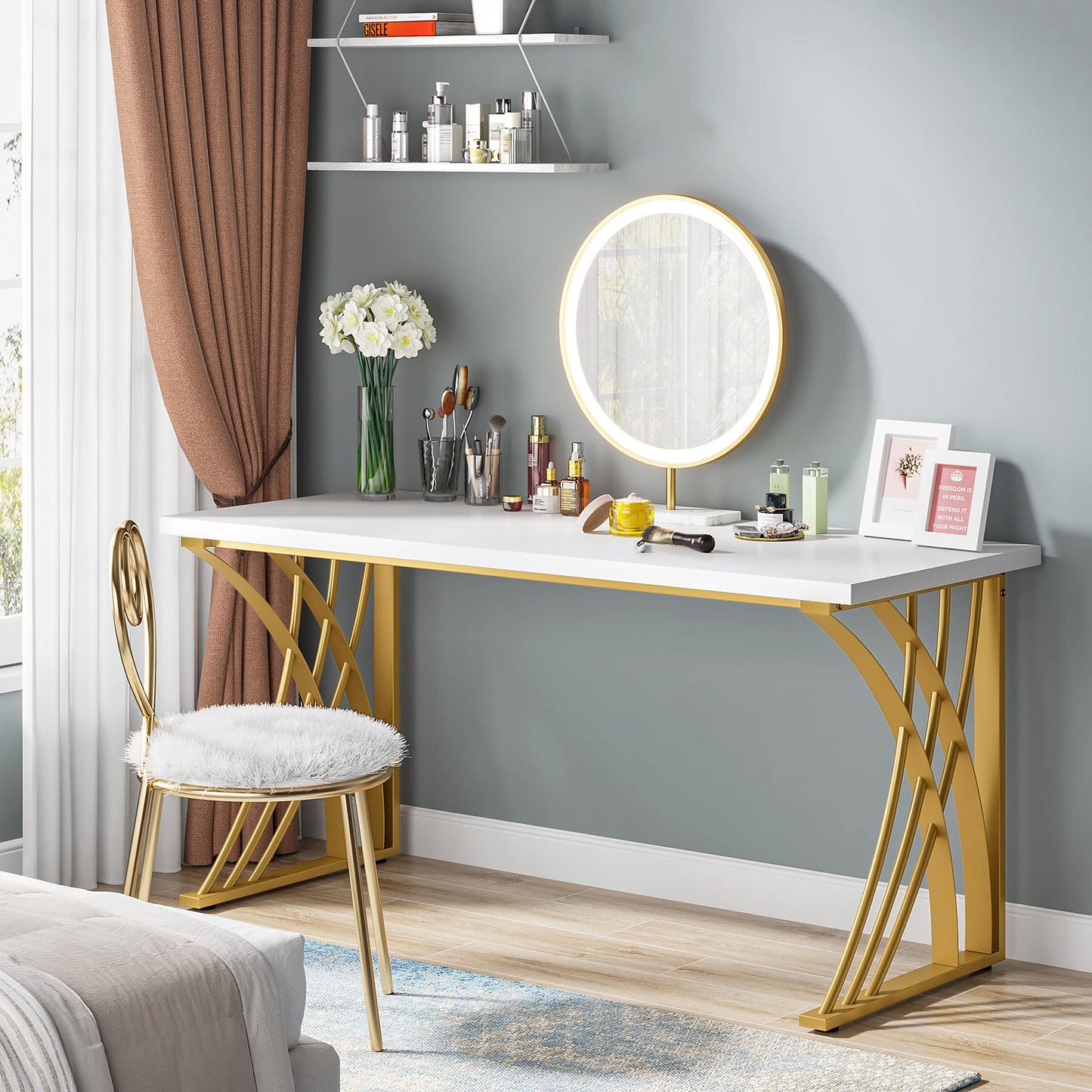 Tribesigns 55’’ Large Modern Computer Desk, White & Gold Luxury Laptop PC Student Table, Makeup Vanity Table with Thick Frame & Strong Legs, Sturdy Writing Workstation for Home & Office