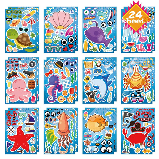 24 Sheets Make Your Own Sea Animals Stickers for Kids Toddlers, Make-a-face Stickers, Ocean Animals Stickers for Kids Party Favors Activities