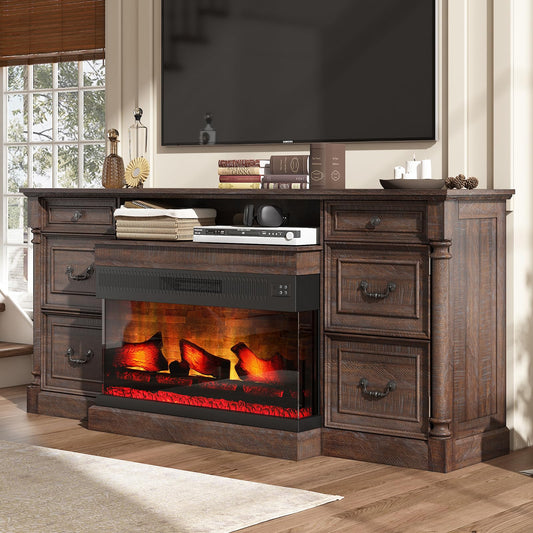 AMERLIFE 75" Fireplace TV Stand, Large TV Stand with 36" Fireplace, Farmhouse Entertainment Center with Solid Wood Roman Column, 2 Drawers & Cabinets Storage, for TVs up to 85", Reclaimed Barnwood