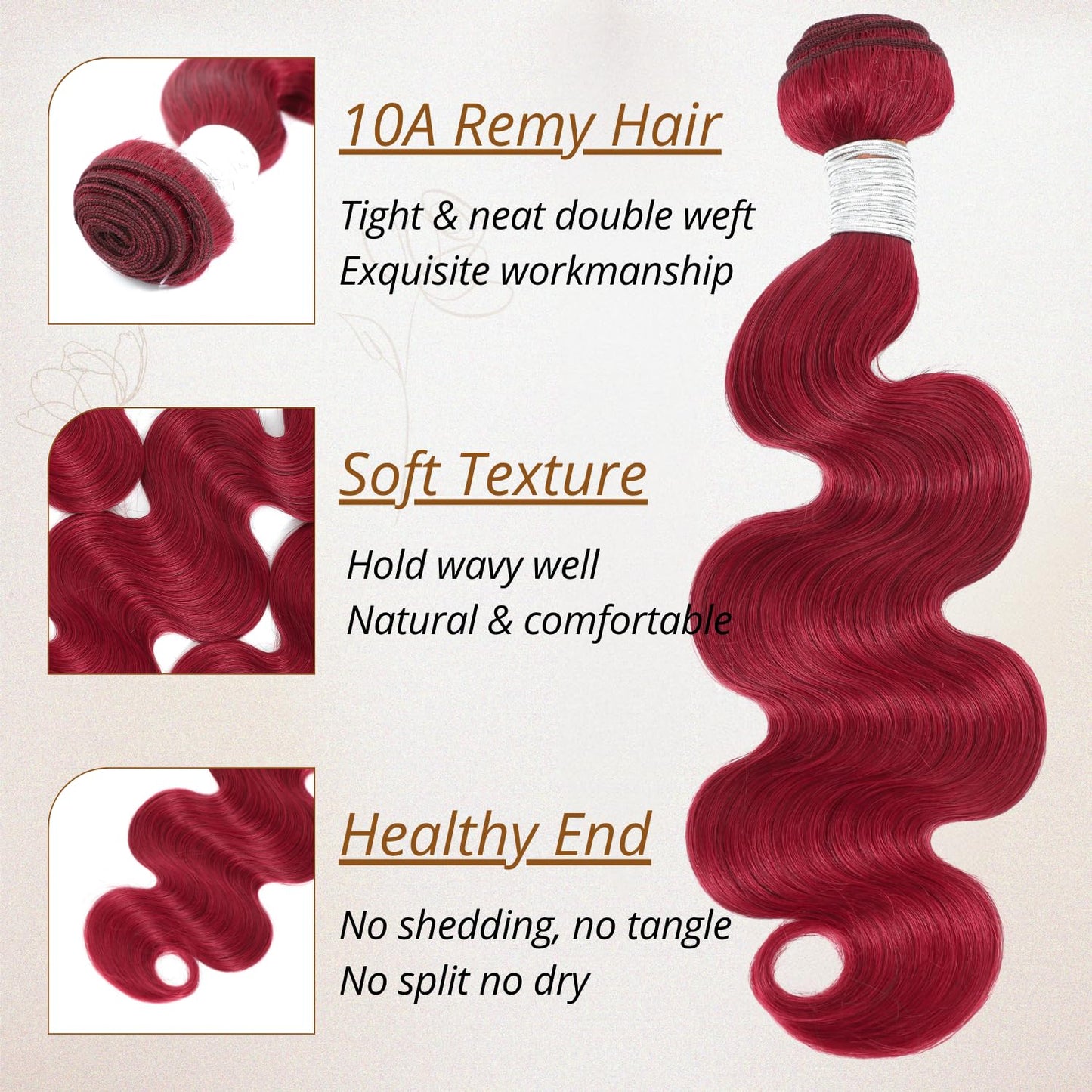 ANMETAN Red Burgundy Bundles Human Hair Body Wave, 10A Colored Bundles Human Hair Body Wave 100% Unprocessed Remy Hair, Thick Burgundy Red Wine 99J Human Hair 3 Wavy Bundles Sew in Weft 12 14 16 Inch