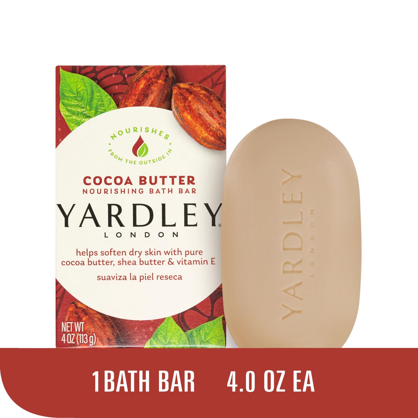 Yardley London Nourishing Bath Soap Bar Cocoa Butter, Helps Soften Dry Skin with Pure Cocoa Butter, Shea Butter & Vitamin E, 4.0 oz Bath Bar, 1 Soap Bar (Pack of 3)