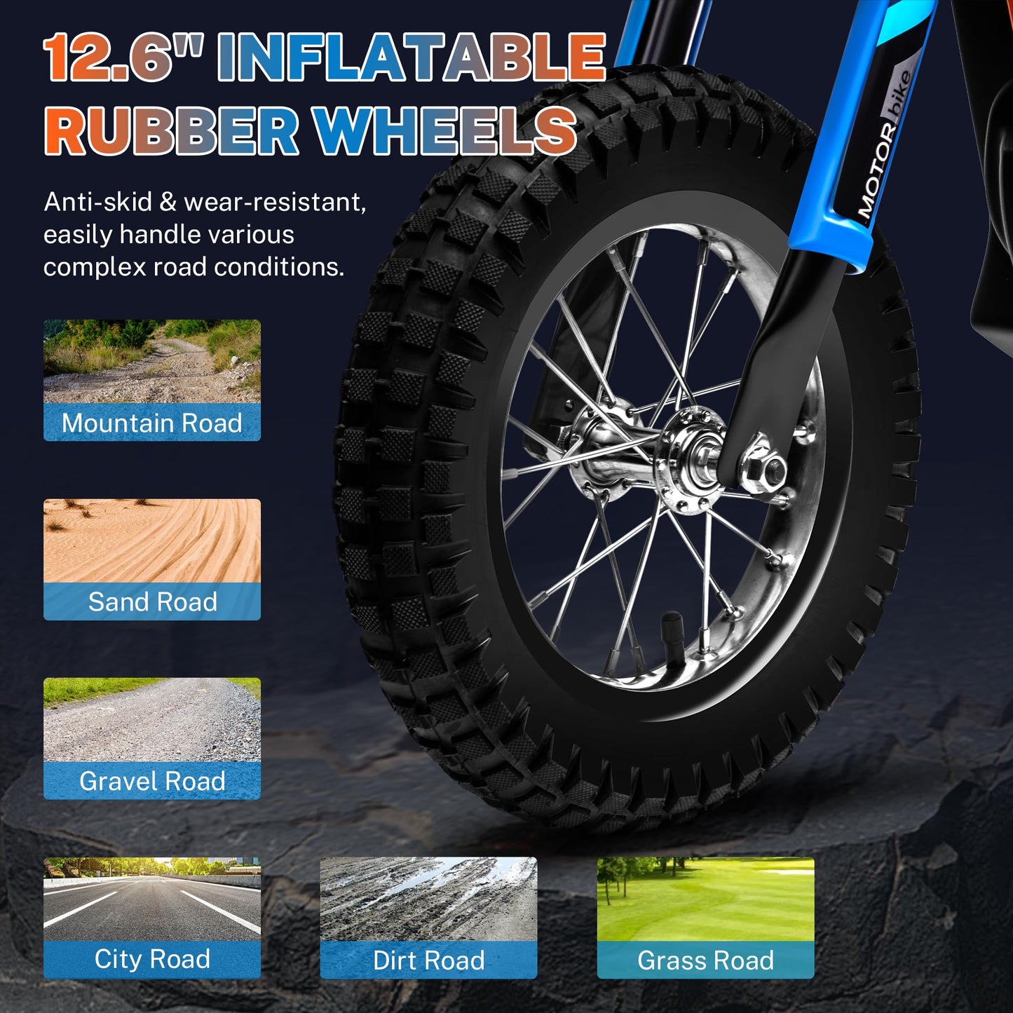 ENYOPRO 24V Electric Dirt Bike for Kids, 250W Kids Electric Motorcycle w/12.6" Air-Filled Tires, Disc Brake, Spring Suspension, Max 13.7 MPH & 8.9 Miles Long-Range, for Kid Ages 13+ (Blue & Orange)