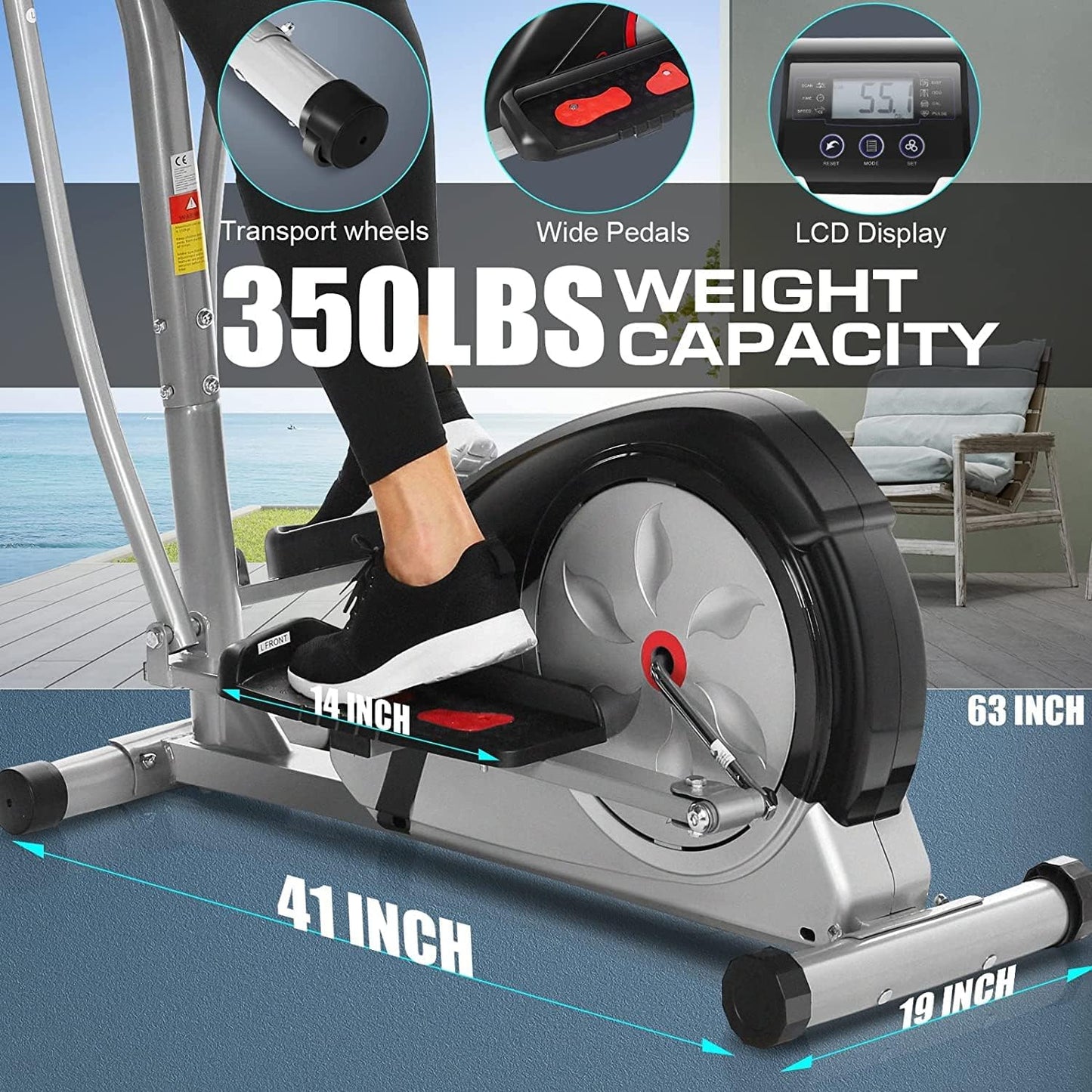 ANCHEER Elliptical Exercise Machine, Elliptical Machines for Home Gym with Pulse Rate Grip and LCD Monitor, 8 Resistance Levels Smooth Quiet Driven for Home Office, Max 350Lbs