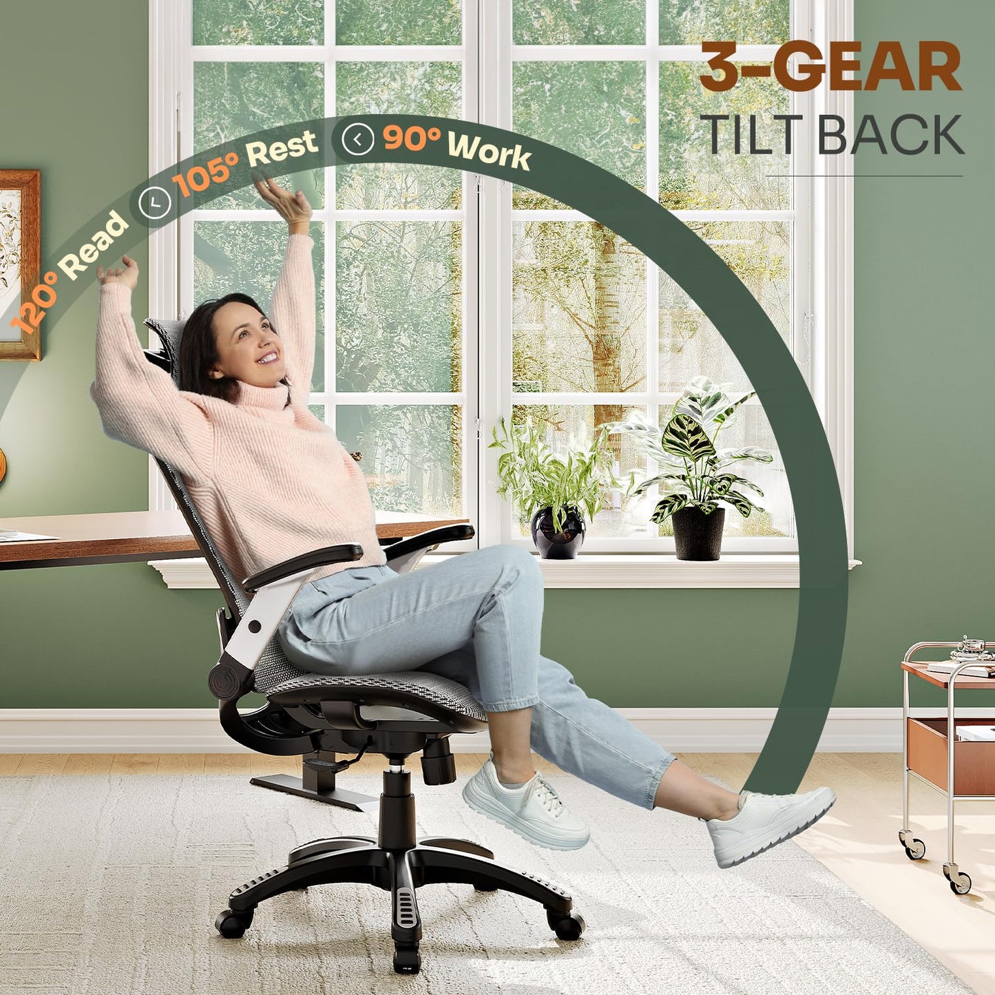 GABRYLLY Ergonomic Office Chair, High Back Home Desk Chair with Headrest, Flip-Up Arms, 90-120° Tilt Lock and Wide Cushion, Big and Tall Mesh Chairs for Man Woman, Grey Task Chair